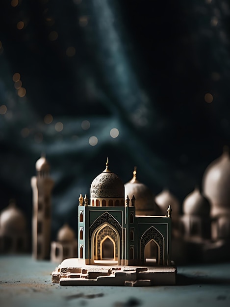 Miniaturowy model meczetu na niebieskim tle