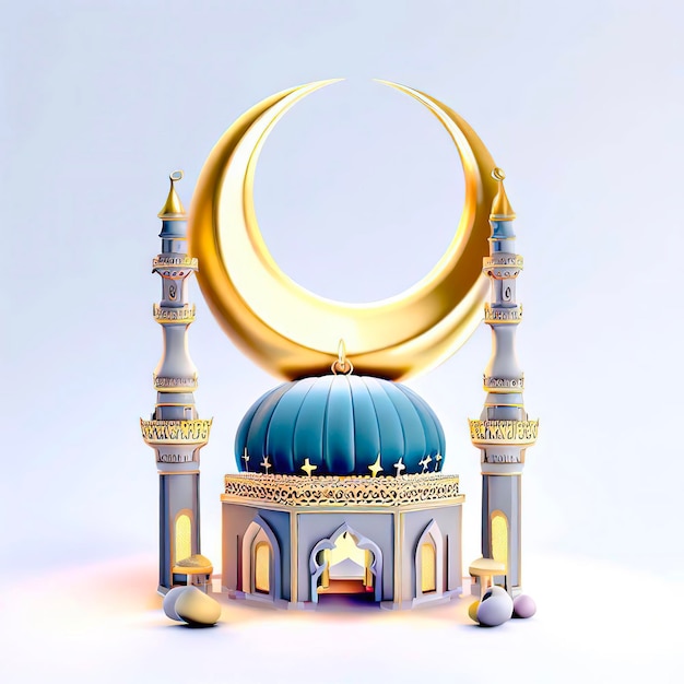 Miniaturowy model meczetu z niebieską kopułą i księżycem.