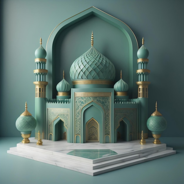 Miniaturowy model meczetu ze złotymi akcentami.