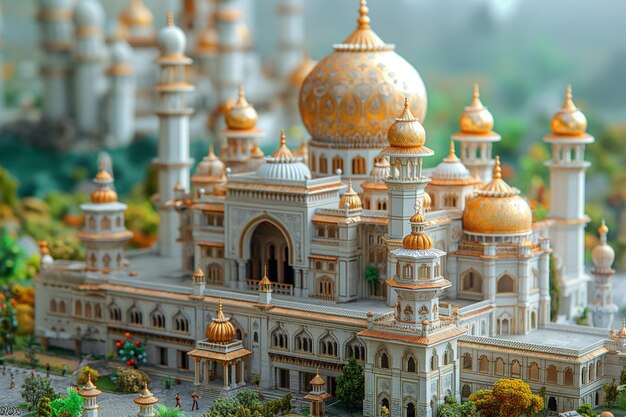 Miniaturowy model pięknego meczetu Eid Mubarak koncepcja kartki powitawkowej islamskie tło