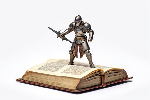 Zdjęcie miniaturowy średniowieczny rycerz z zbroją w książce opowieść i koncepcja fantasy generatywna sztuczna inteligencja