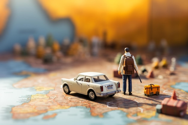 Minibiznesmen z bagażem holuje sprinty obok mapy świata i małego białego samochodu