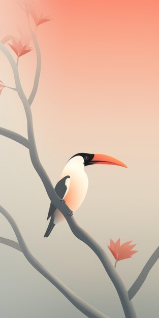 Minimalistyczna 2D gra sztuki Biały i Czarny Ptak na gałęzi drzewa