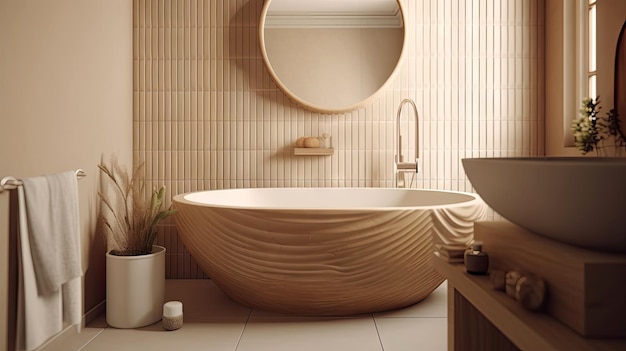 Minimalistyczna aranżacja łazienki w beżowym, przytulnym stylu ozdobiona drewnianym dekorem Generative Ai