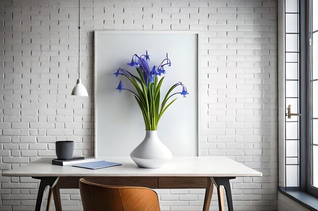 Minimalistyczna biała ramka na zdjęcia wyświetlana na płótnie z kwiatem w wazonie