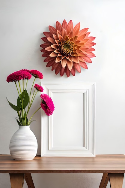 Minimalistyczna biała ramka na zdjęcia wyświetlana na płótnie z kwiatem w wazonie