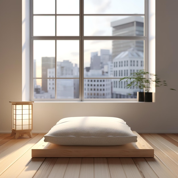 minimalistyczna biała tkanina wzmacniająca tylną narożną poduszkę sofy w świetle słonecznym z drewnianego okna shoji