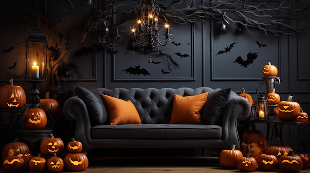 minimalistyczna dekoracja Impreza Halloween w salonie z latarnią z dyni