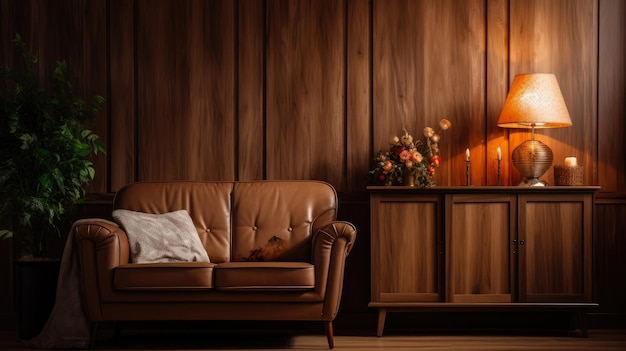 minimalistyczna dekoracja wnętrz salonu z drewnianą szafką wygenerowaną ai