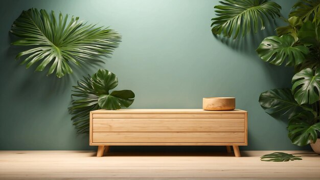 Zdjęcie minimalistyczna drewniana skrzynka na podium z liśćmi monstera podzium na piedestale z drewna zwykłego z liściami tropikalnymi