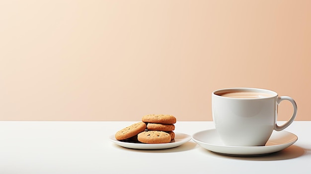 Minimalistyczna filiżanka kawy z ciasteczkami na białym tle i pustej przestrzeni