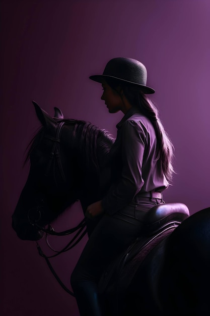 Minimalistyczna fotografia kobiety siedzącej z profilu na koniu na fioletowym tle