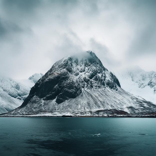 minimalistyczna fotografia krajobrazu przedstawiająca harmonijne zbieżność morza, gór i śniegu