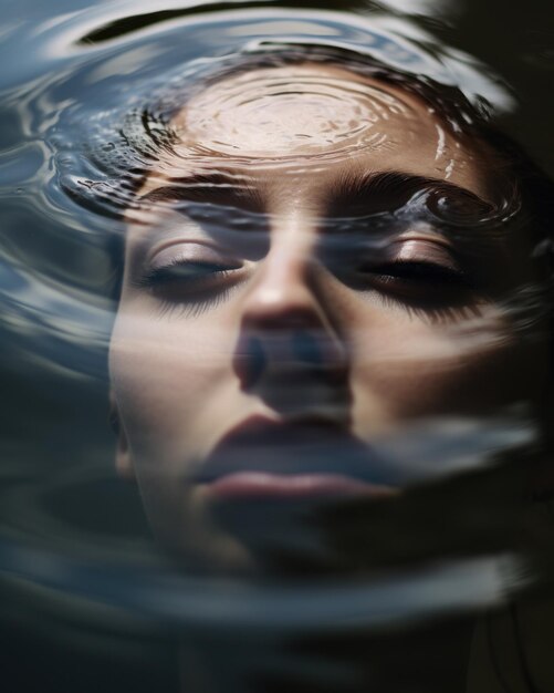 Minimalistyczna fotografia oddaje spokój kobiety zanurzonej w wodzie z zamkniętymi oczami