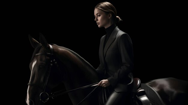Zdjęcie minimalistyczna fotografia stylowa kobieta w gucci siedzi na koniu na czarnym tle