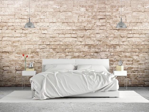 Minimalistyczna główna sypialnia z podwójnym łóżkiem na ścianie z białej cegły 3d rendering