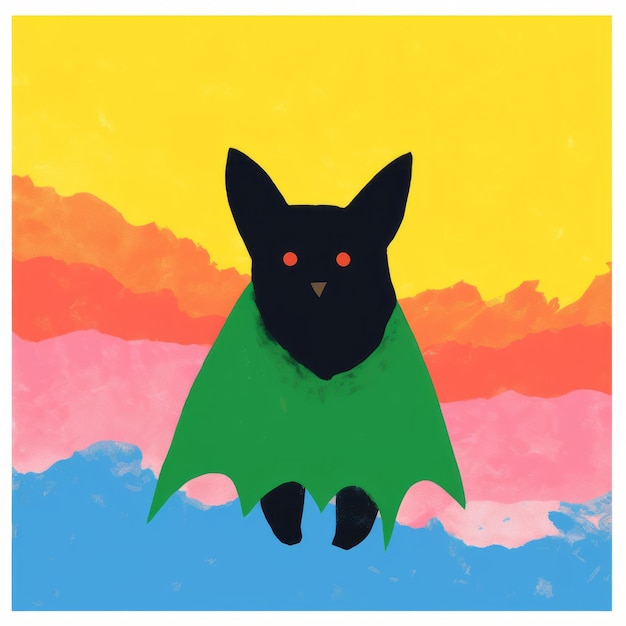Minimalistyczna grafika Czarny kot z zieloną peleryną w jasnych kolorach