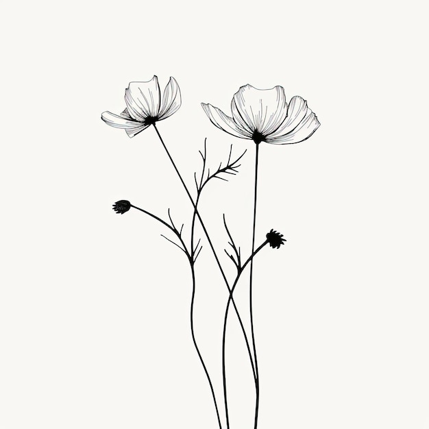 Minimalistyczna grafika liniowa kwiatu na białym tle AI Generated