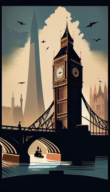 Minimalistyczna grafika wektorowa plakatu Tower Bridge London Big Ben