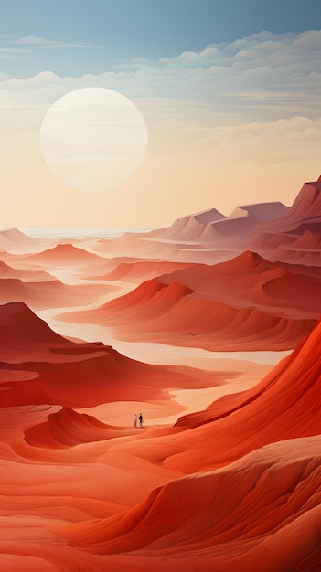 Minimalistyczna ilustracja czerwonych gór i rzeki z słońcem w oddali