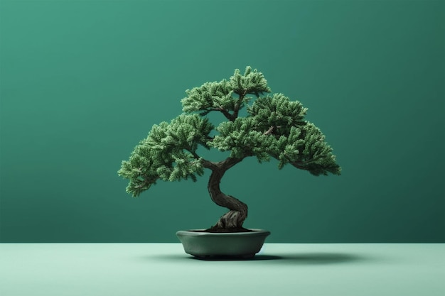 Minimalistyczna ilustracja drzewa bonsai odizolowanego na zielonym tle