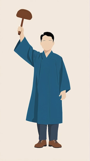 Zdjęcie minimalistyczna ilustracja mężczyzny w niebieskiej szlafroku trzymającego młotkę skórę obudowy ipada