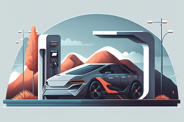 Minimalistyczna ilustracja nowoczesnego samochodu elektrycznego na stacji ładowania Generacyjna AI