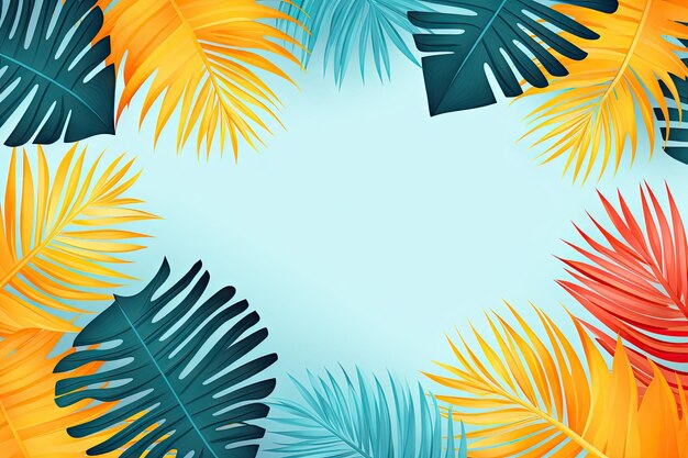 Minimalistyczna ilustracja o tematyce letniej z żywymi liśćmi palm tropikalnych umieszczonymi na jasnym tle