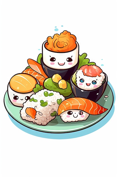 Minimalistyczna ilustracja pyszny talerz sushi na czystym białym tle