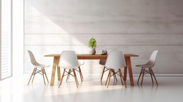 Minimalistyczna kompozycja wnętrza jadalni w stylu loft Szare betonowe ściany i podłoga drewniane stoły projektowe krzesła rośliny domowe w wazonie dekoracja stołu panoramiczne okna Mockup rendering 3D