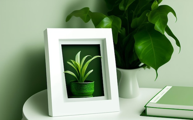 Minimalistyczna Koncepcja Stołu Z Ramką Na Zdjęcia 3d Z Zielonymi Roślinami Domowymi