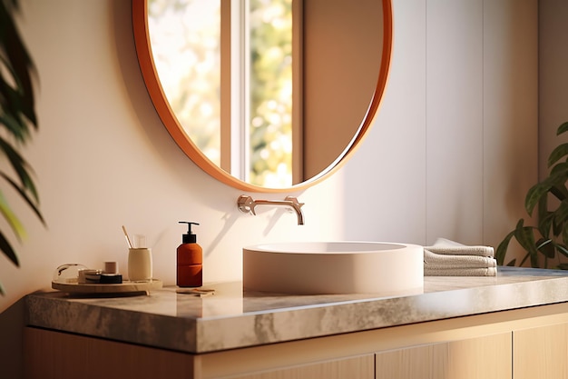 Minimalistyczna łazienka z lustrem z oświetloną ramą Generatywna sztuczna inteligencja