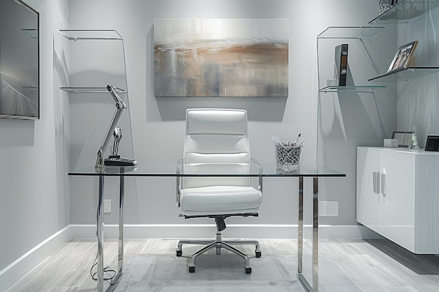 Zdjęcie minimalistyczna nowoczesna przestrzeń biurowa z biurkiem z szklanym stołem