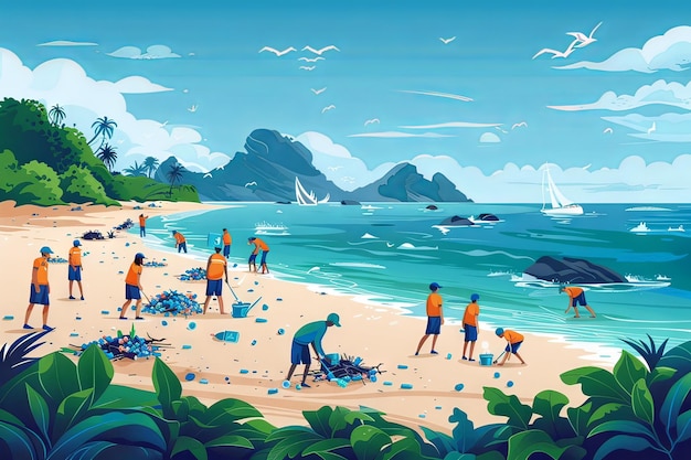 Minimalistyczna płaska ilustracja czystej plaży z wolontariuszami na rzecz ochrony morza