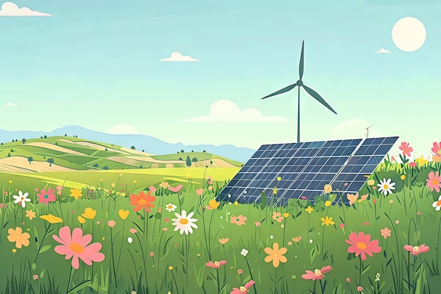 Minimalistyczna płaska ilustracja panelu słonecznego i turbiny wiatrowej dla energii odnawialnej