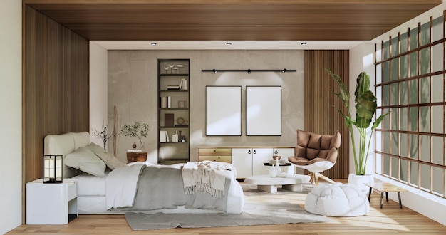 Minimalistyczna roślina sypialni wabisabi i dekoracja w japońskiej sypialni renderowania 3D