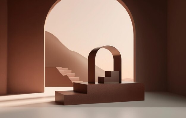 Minimalistyczna scena 3D z prostymi kształtami i delikatnymi brązowymi kolorami