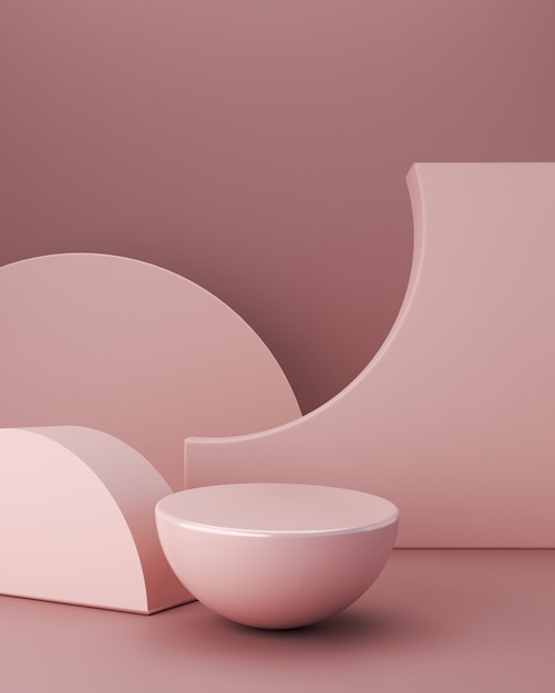 Minimalistyczna scena z kulistym podium, geometrycznymi kształtami i abstrakcyjnym tłem w pastelowych kolorach