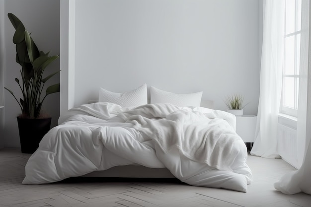 Minimalistyczna sypialnia z czystym białym łóżkiem, wygodnymi poduszkami i kocem