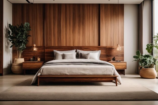 Minimalistyczna sypialnia z drewnianym zagłówkiem w odcieniach bieli i beżu. Aksamitna poduszka na pościel