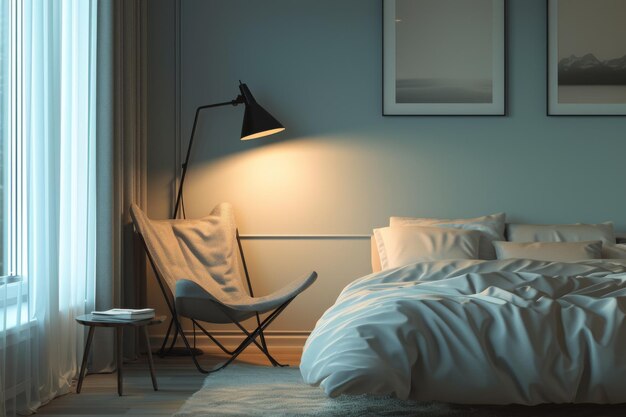 Zdjęcie minimalistyczna sypialnia z przytulnym kątem do czytania