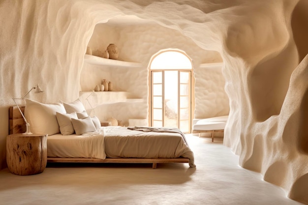 Zdjęcie minimalistyczna sypialnia z rzeźbioną ścianą
