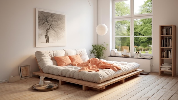 Minimalistyczna sypialnia Zen z pływającym futonem i miękką paletą kolorów