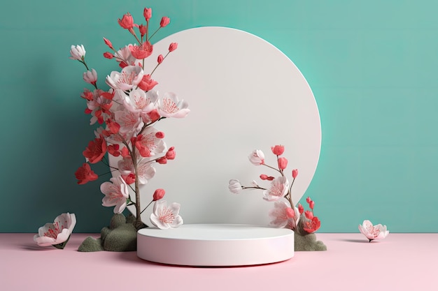 Minimalistyczna tapeta z wiosennymi kwiatami na okrągłym podeście stworzona za pomocą generatywnej sztucznej inteligencji