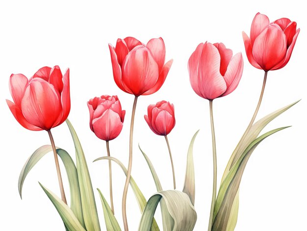 Zdjęcie minimalistyczna wspaniała ilustracja akwarelowa zestawu akwarelowych tulipanów na izolowanym białym tle generowana przez sztuczną inteligencję
