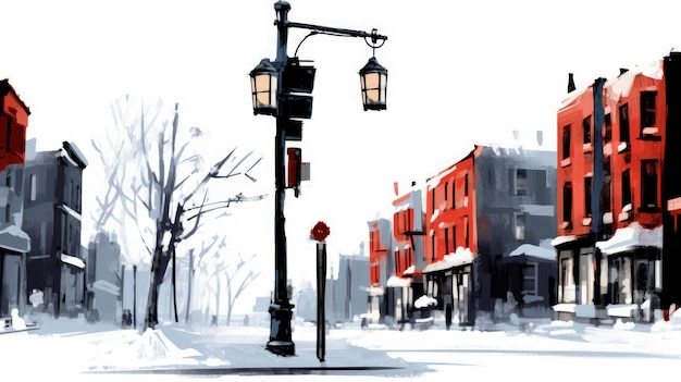 Minimalistyczna zimowa scena uliczna z budynkami i latarniami wygenerowana przez sztuczną inteligencję