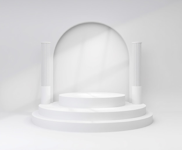 Minimalistyczne białe podium z kolumnami i łukiem