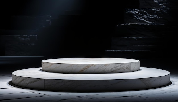 Minimalistyczne białe schody wznoszące się na okrągłej marmurowej platformie w czarnej pustce
