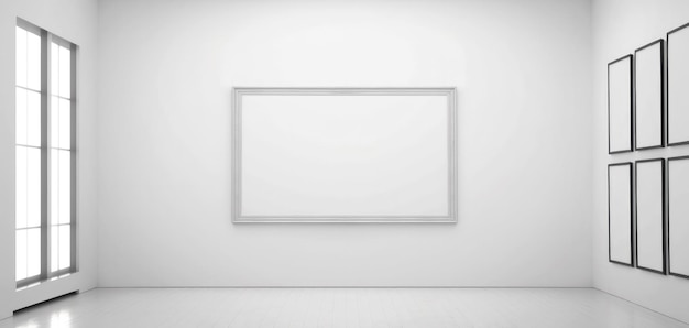 Minimalistyczne białe wnętrze współczesnej galerii z pustymi ramkami na ścianie maketa sztuki wizualnej Ilustracja generatywna AI