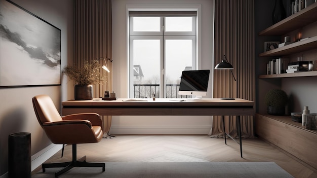 Minimalistyczne biuro domowe z eleganckim biurkiem wygenerowanym przez sztuczną inteligencję